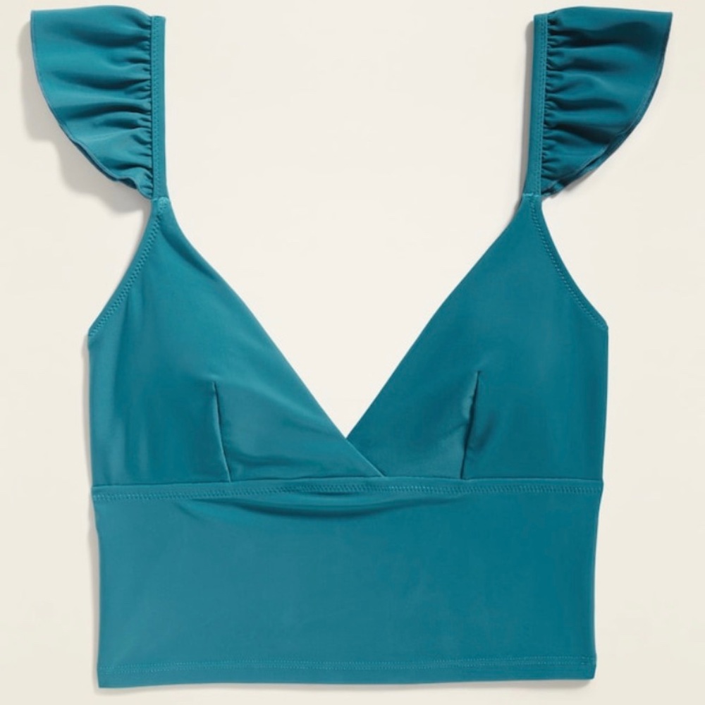 Ruffled Flutter-Sleeve Long-Line Swim Top